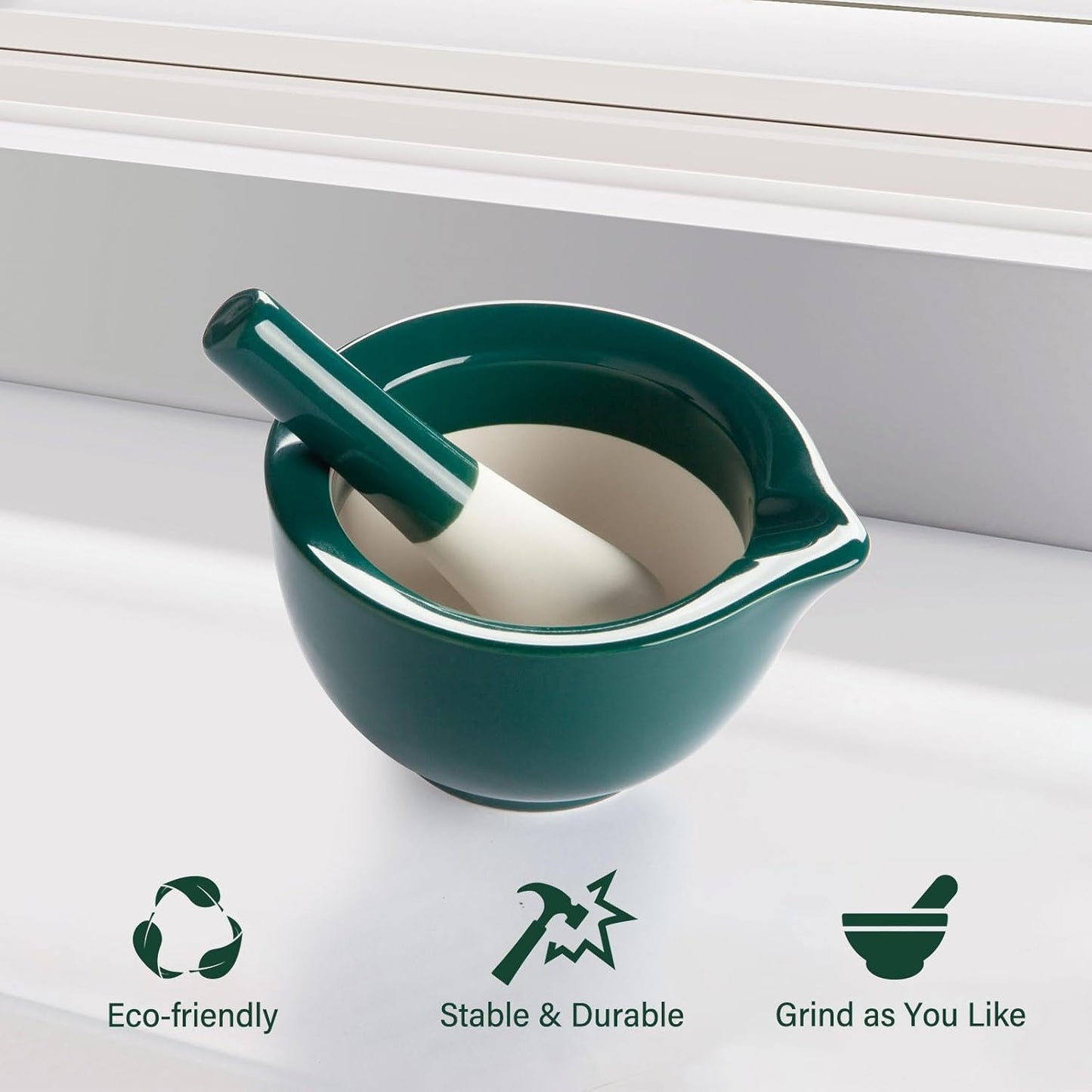Pill Crusher, Ceramic Mortar and Pestle Set, Effortlessly Grind Pills, Vitamins, and Supplements into Fine Powder for Convenient Consumption by Adults, Seniors, and Pets (Small, Glossy Green)