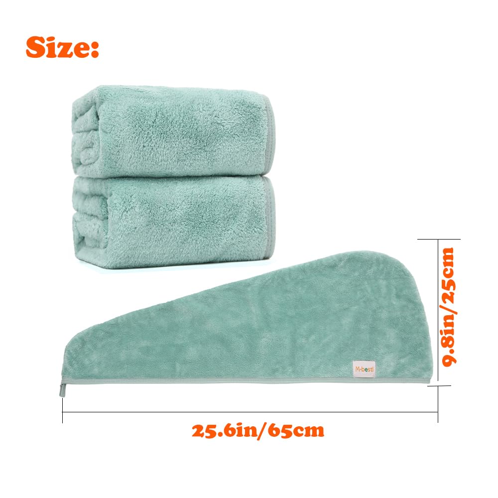 2 Pack Microfiber Hair Towel Wrap,Hair Drying Towel with Button, Hair Towel Turban,Head Towel to Dry Hair Quickly (Green&Green)