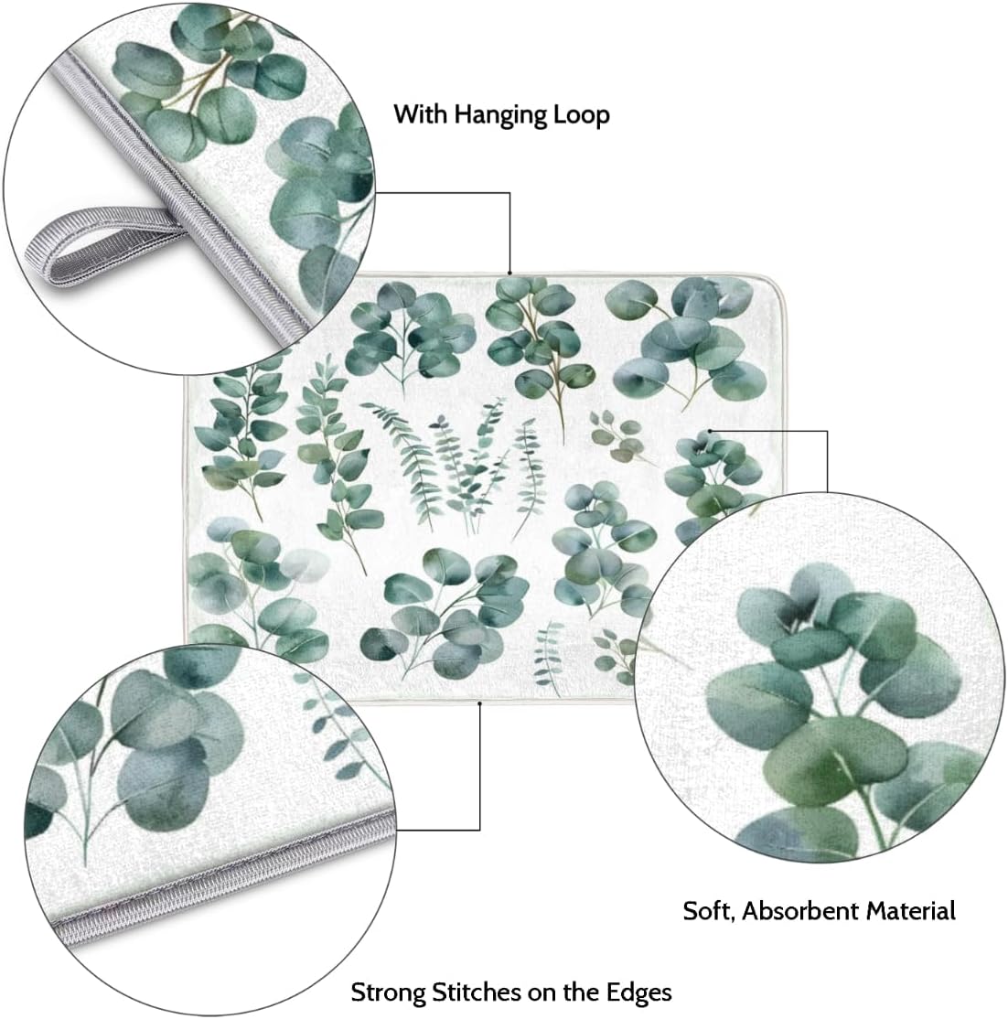 Hexteria Dish Drying Mat for Kitchen Counter Dish Mat Pad Absorbent Microfiber Kitchen Drying Mat Dish Drainer Rack Mat, 16x18 Inch, Eucalyptus Leaves