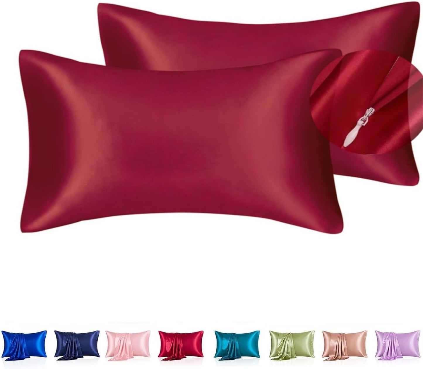 Juwenin Bedding,Luxury Satin Pillowcase with Zipper (Silky Satin Pillow Case for Hair) Set of 2 (Burgundy, Queen(20''x29''))