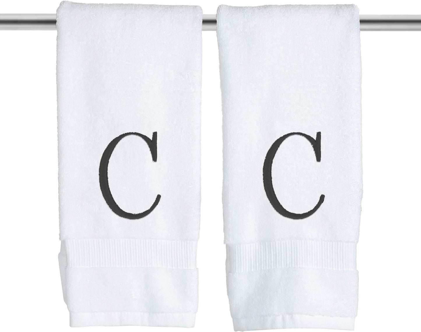 Black Initial Hand Towel for Bathroom - Monogrammed Luxury Hotel Quality Decorative Embroidered Towel for Powder Room, Spa - GOTS Organic Certified - Set of 2 Letter C