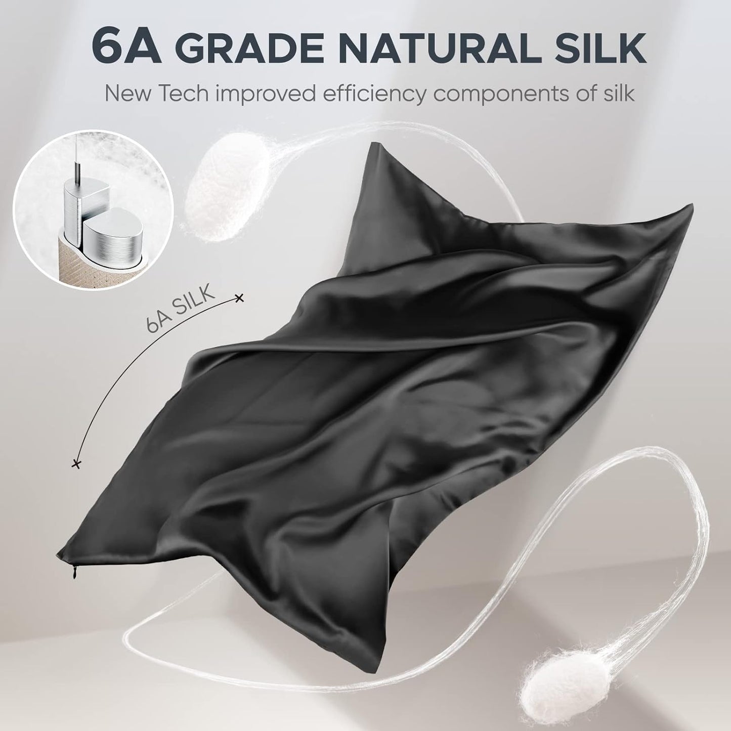 100% Pure Mulberry Silk Pillowcase for Hair and Skin - Allergen Resistant Dual Sides,600 Thread Count Silk Bed Pillow Cases with Hidden Zipper,1pc,King Size,Black