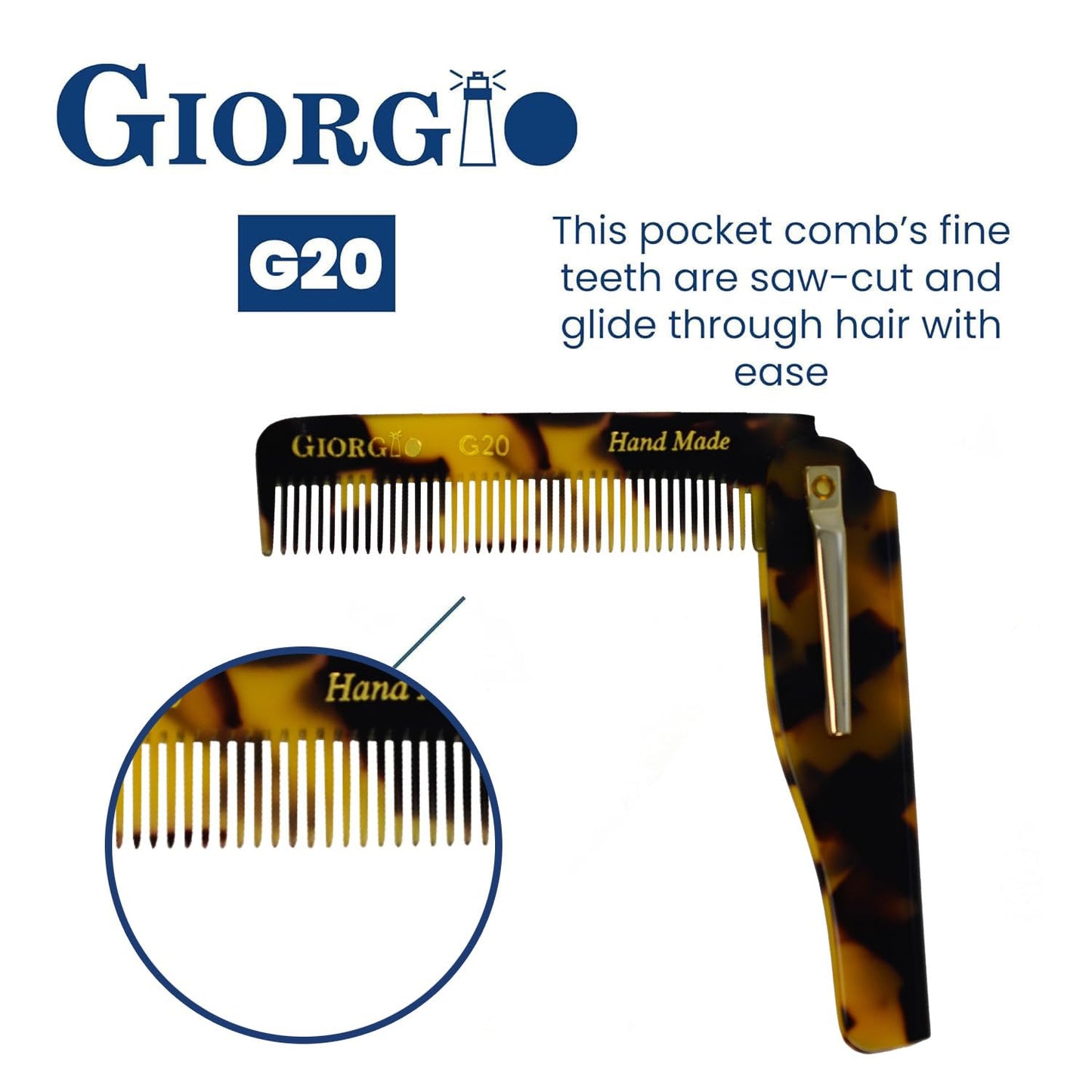 Giorgio G20 Folding Mustache and Beard Comb - Small Fine Tooth Pocket Comb for Everyday Hair Care - Sawcut and Hand Polished Pocket and Styling Combs - Handcrafted