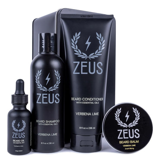 ZEUS Everyday Beard Kit for Men, Facial Hair Shampoo, Conditioner, Oil, Balm & Tin Gift Box, Premium Beard Care & Grooming Set (Made in USA) Verbena Lime