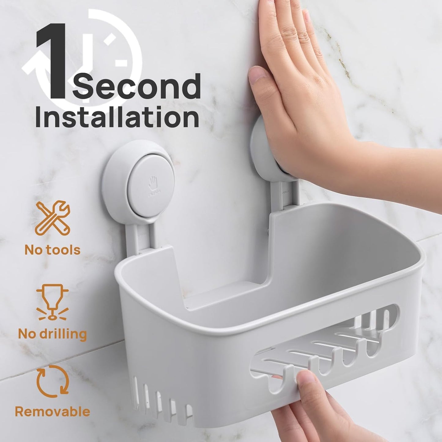 LEVERLOC Shower Caddy Suction Cup, Shower Organizer Removable Bathroom Shelf, Storage Suction Powerful Max Hold 22lbs Bathroom Caddy Waterproof Holder, Gray