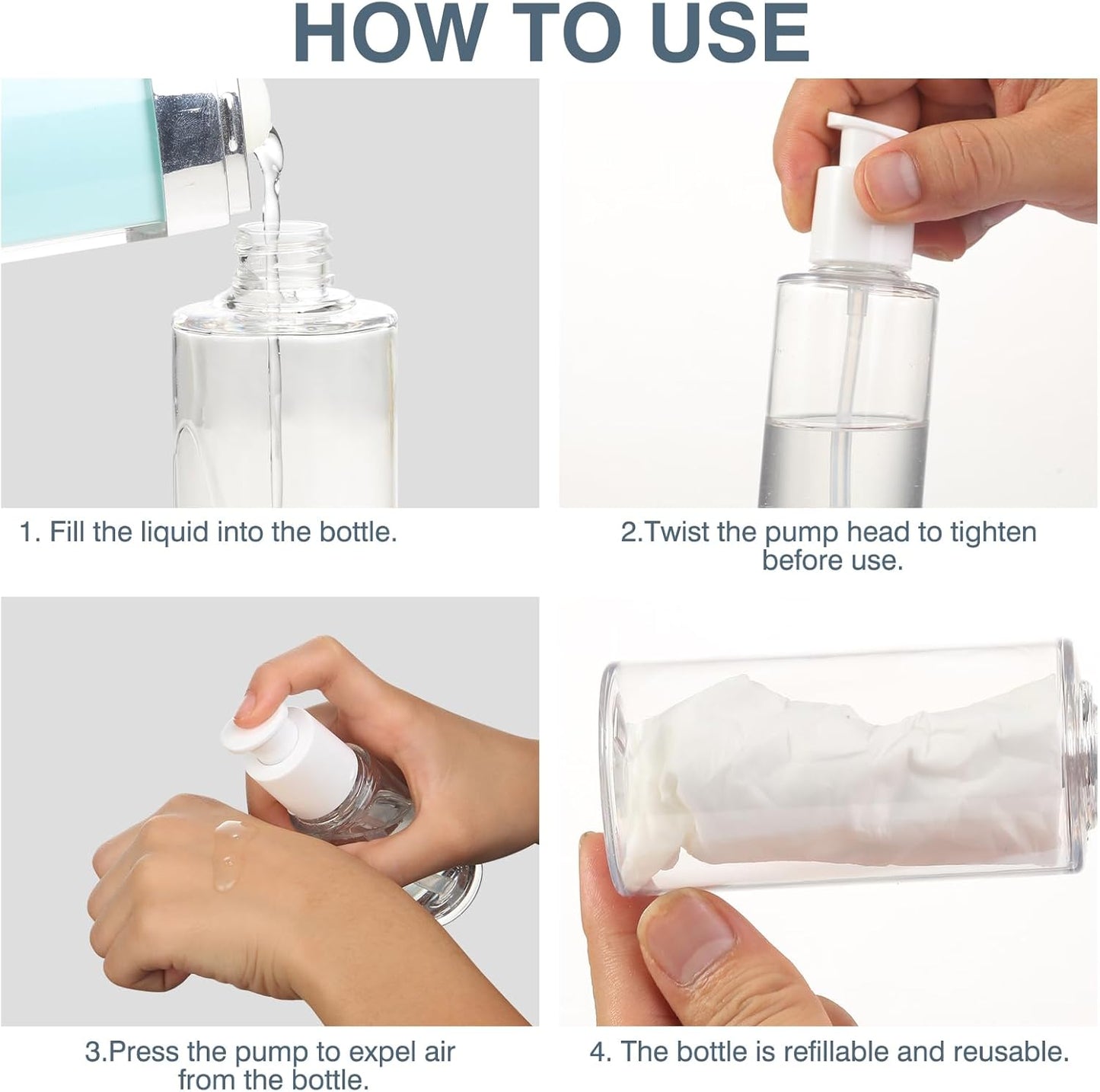 Boenoea Small Pump Bottle 3.4oz/100ml Travel Cosmetic Cream Pump Bottles Empty Pump Dispenser for Shampoo Lotion and Cream 3 Pack Clear