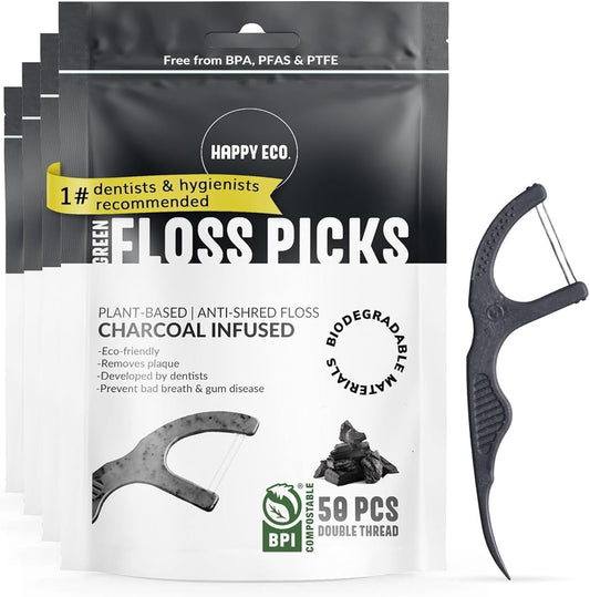 Floss Picks Biodegradable (200pcs) - Plant Based Dental Floss Picks, Natural Flossers for Adults & Kids, Nontoxic Vegan Tooth Pick Flossers & Floss Sticks - Double Thread Charcoal