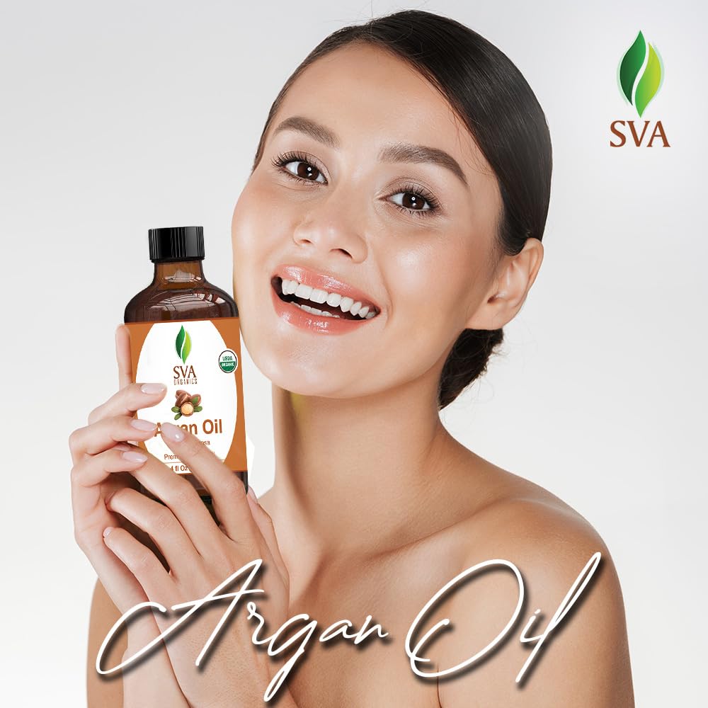 SVA Argan Oil Organic - 4 Fl Oz – 100% Natural Cold Pressed Organic Argan Oil - for Face, Skin Care, Hair Care, Scalp Massage & Body Massage – Carrier Oil with Dropper