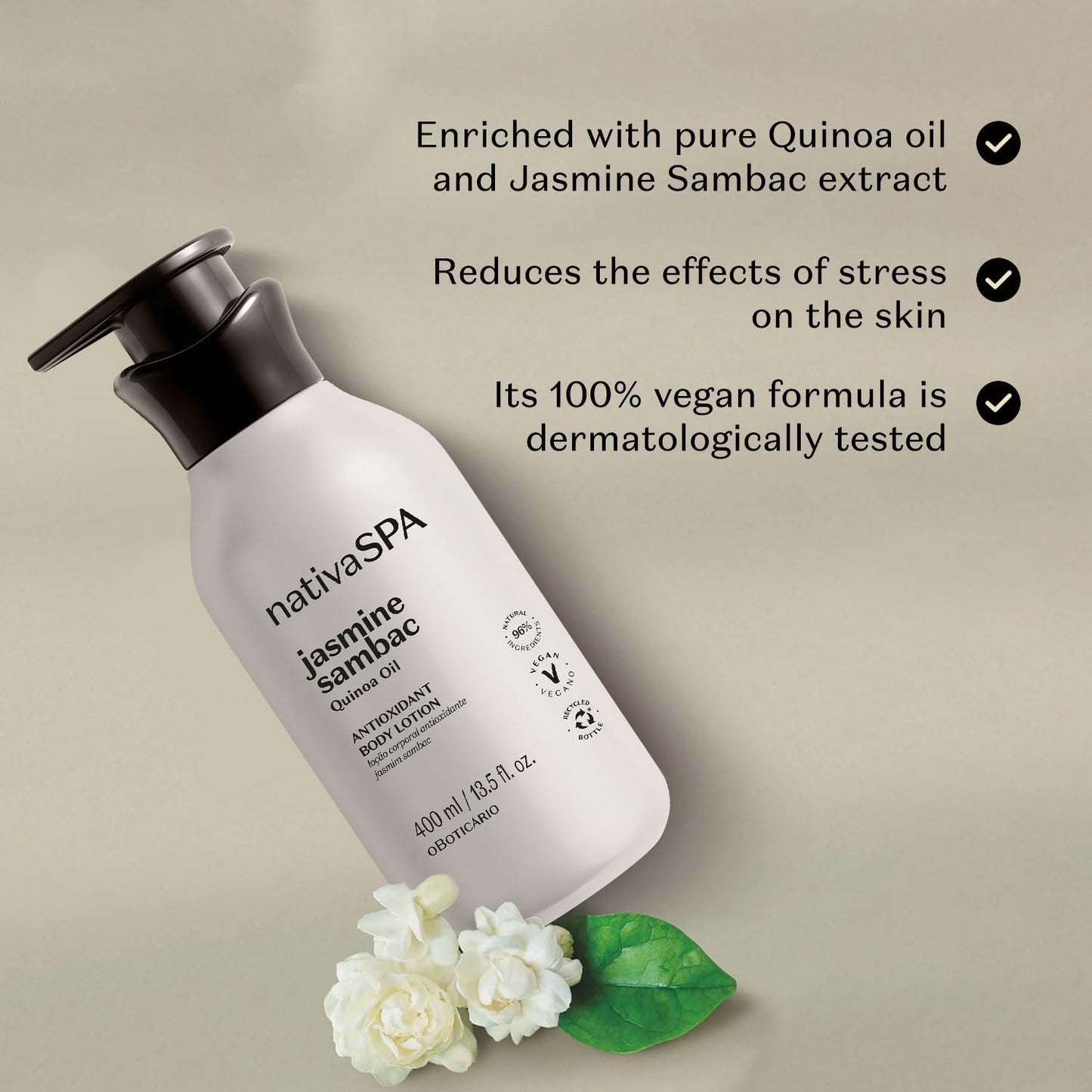 Nativa SPA by O Boticario Jasmin Sambac Anti-Stress Body Lotion, Fragranced Moisturizer Enriched with Purified Quinoa Drops to Boost Hydration, 13.5 Ounce (400ml)