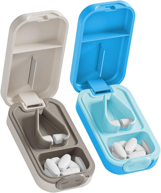 Pill Cutter Splitter for Small or Large Pills with Safety Lock - Accurate and Easy Travel-Friendly Design for Daily Use (Blue+White)