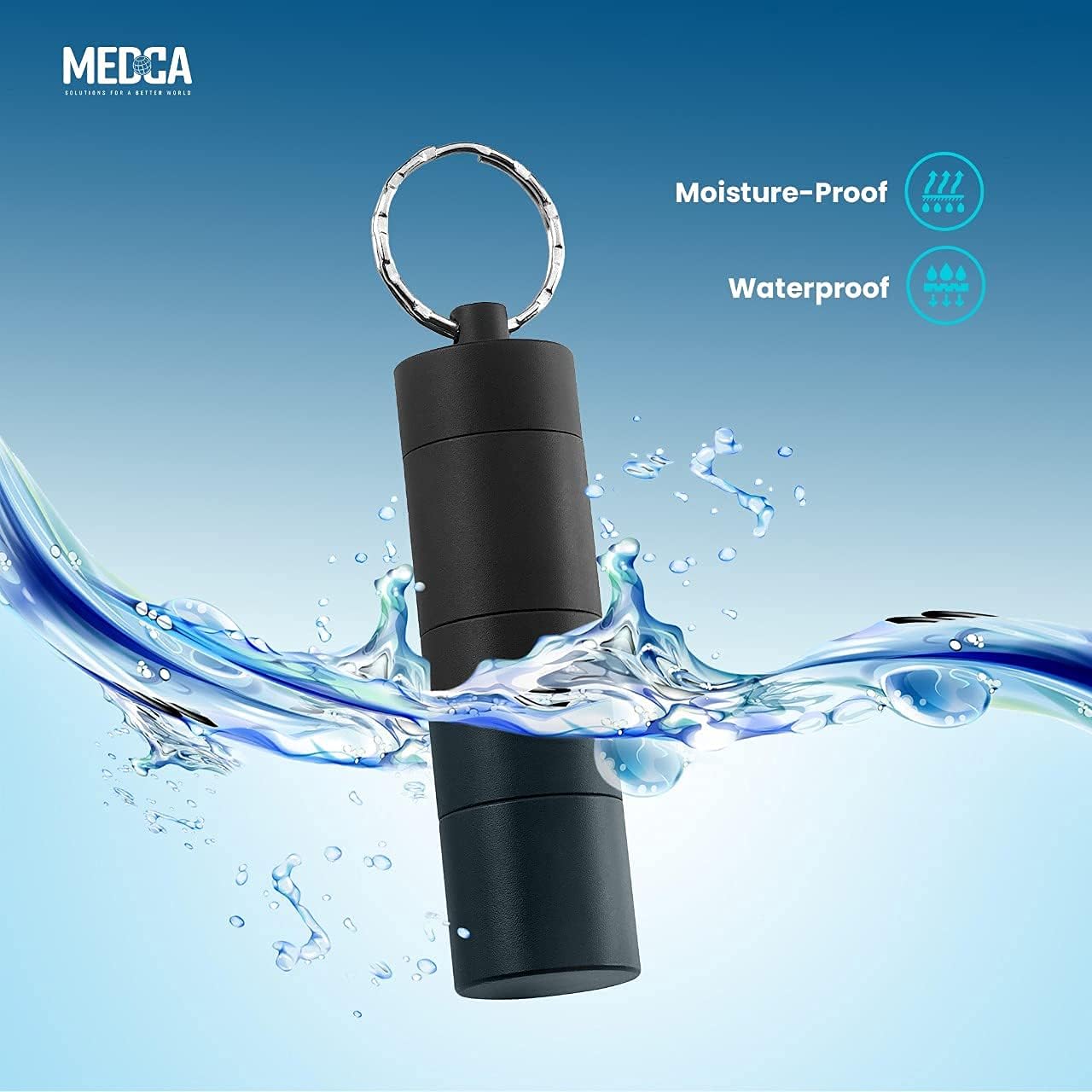 MEDCA Portable Keychain Pill Case Holder - Aluminium Alloy Mini Pill Organizer Case Container, Waterproof Mini Pill Box for Medication, Supplements, and Vitamins (Black+Matt Finished+2 Pack)