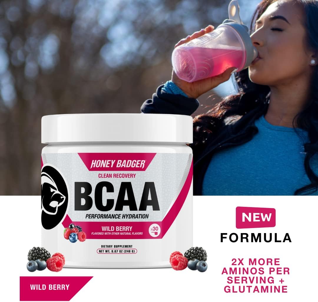 Honey Badger BCAA + EAA Amino Acids Powder, BCAAs + L-Glutamine, Keto, Vegan, Sugar Free for Men & Women, Hydration & Post Workout Muscle Recovery Drink Mix, Wild Berry, 30 Servings