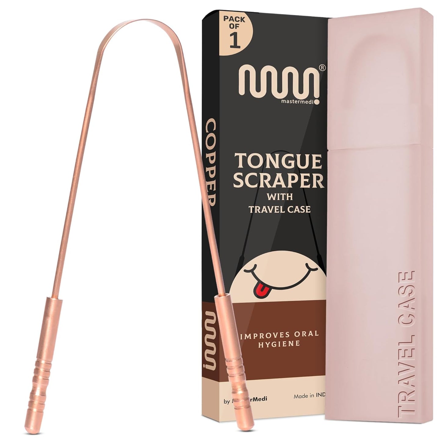 MasterMedi Pure Copper Tongue Scraper for Adults, Tongue Scrubber for Bad Breath, Easy to Use, Tongue Cleaner for Oral Care & Hygiene (Copper Pack of 1 With Case)