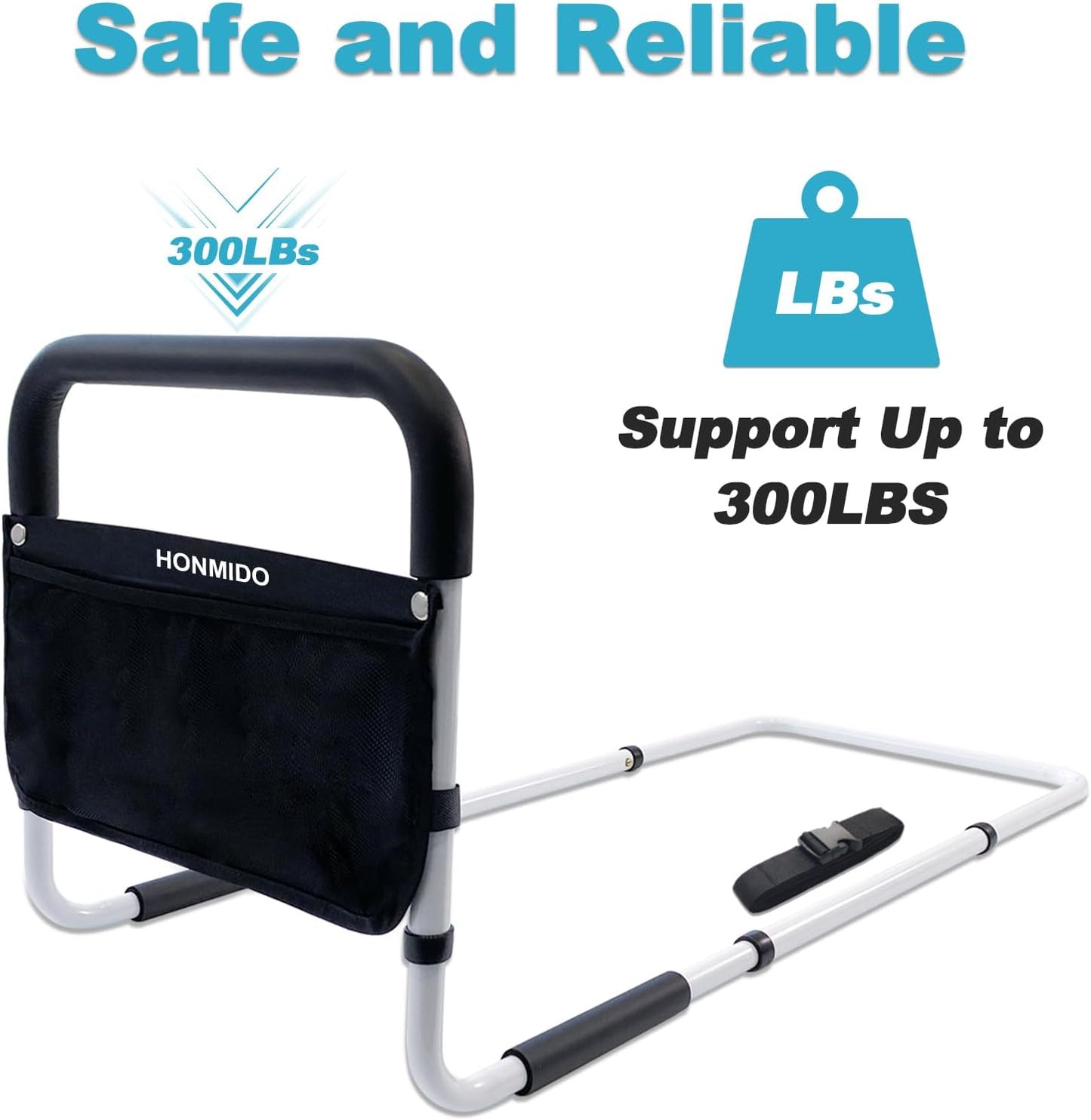 Bed Rails for Elderly Adults Safety Height Adjustable Bed Assist Rail for Seniors Bedside Fall Prevent Grab Bar with Storage Pocket Fits King Queen Full Twin Bed(White)