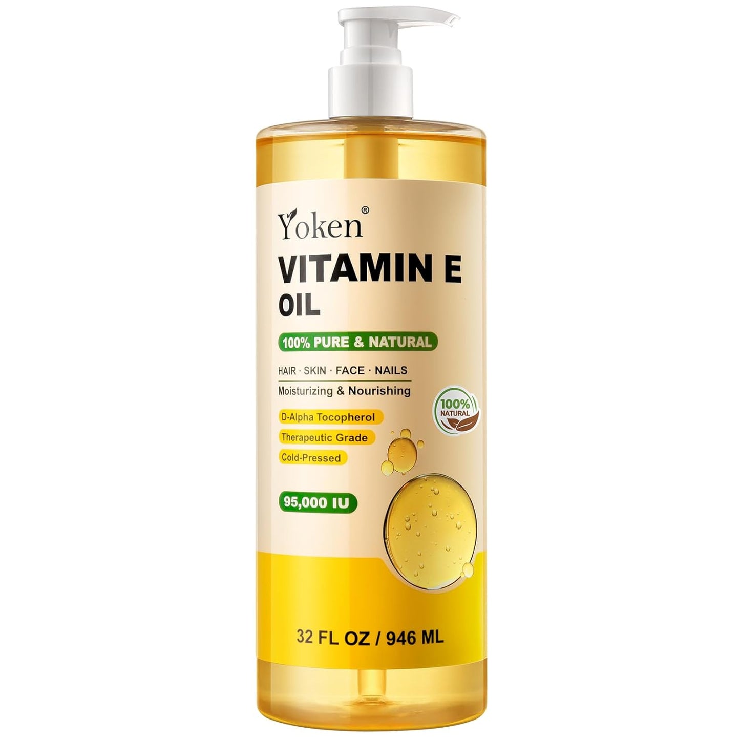 Vitamin E Oil 32 Fl Oz Organic Vitamin E oil for Skin 95,000 IU Vitamine oils for Scars Hair,Face,Nail,Scalp Perfect DIY Bath and Body Oil Cold Pressed Hexane Free Non-GMO Gluten Free Formula