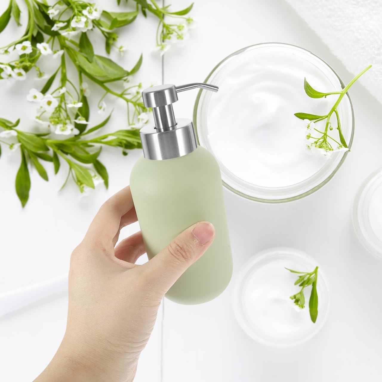 Veemoon 2pcs Foam Dispenser Pump Replacement Stainless Steel Liquid Soap Dispenser Head Shampoo Bottle Pump,Suitable About 44mm/1.73” Wide Rim Threaded Bottle Neck, for Toilet Shower (Silver)