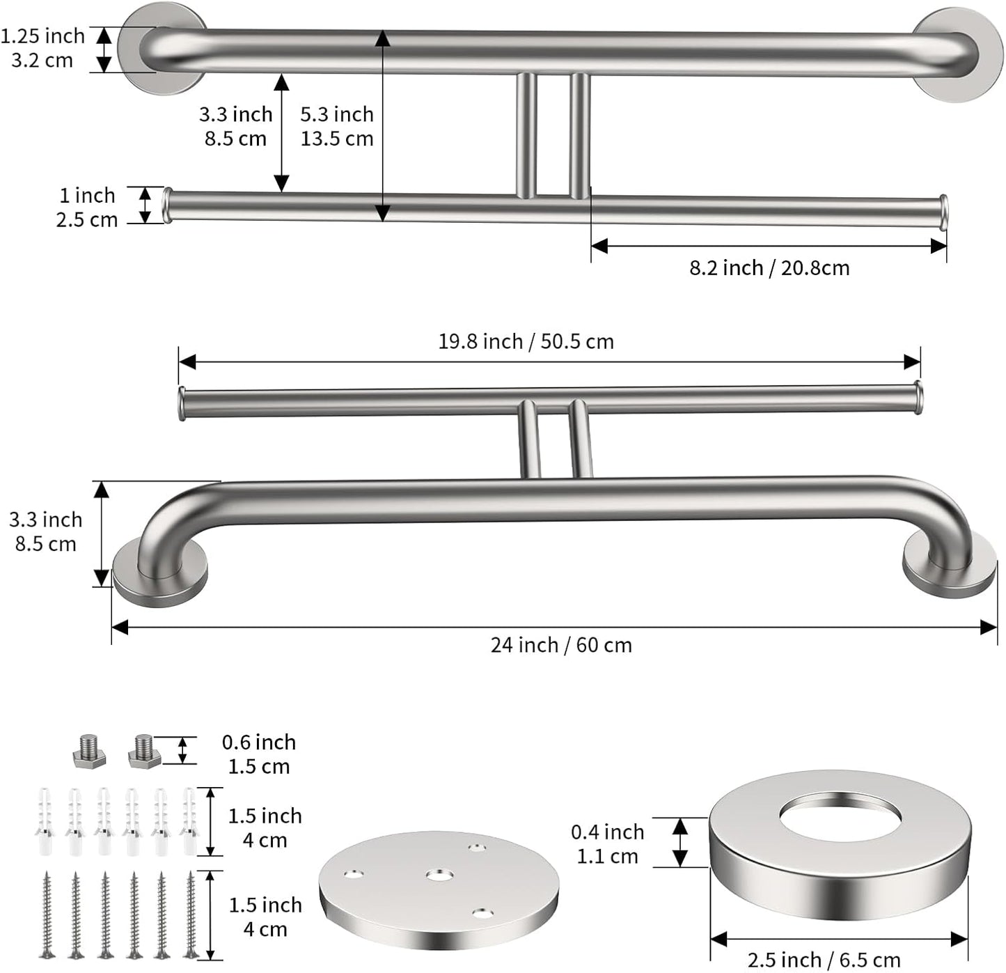 Brushed Nickel Double Toilet Paper Holder w/Safety Bar 24 inch, Zepolu 2-in-1 Assist Bar Balanced Support Handle, Stainless Steel Wall Mounted Bathroom Toilet Grab Bar for Senior Elderly Handicap