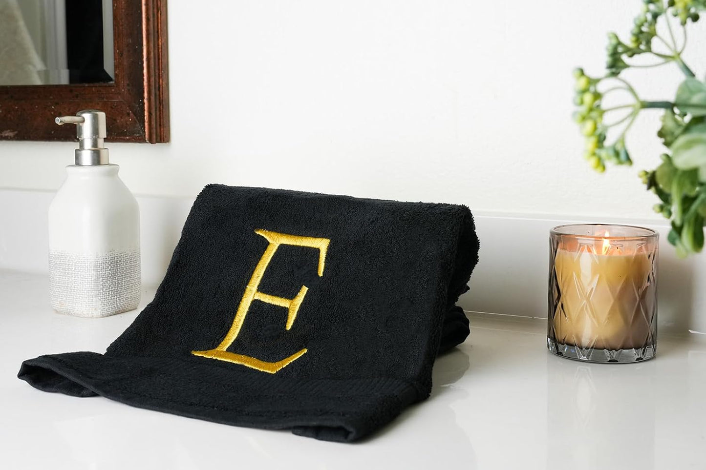 Black Monogram Hand Towel for Bathroom - Monogrammed Initial Hotel Quality Decorative Embroidered Luxury Towel for Powder Room, Spa - GOTS Organic Certified - Pack of 2, Letter E