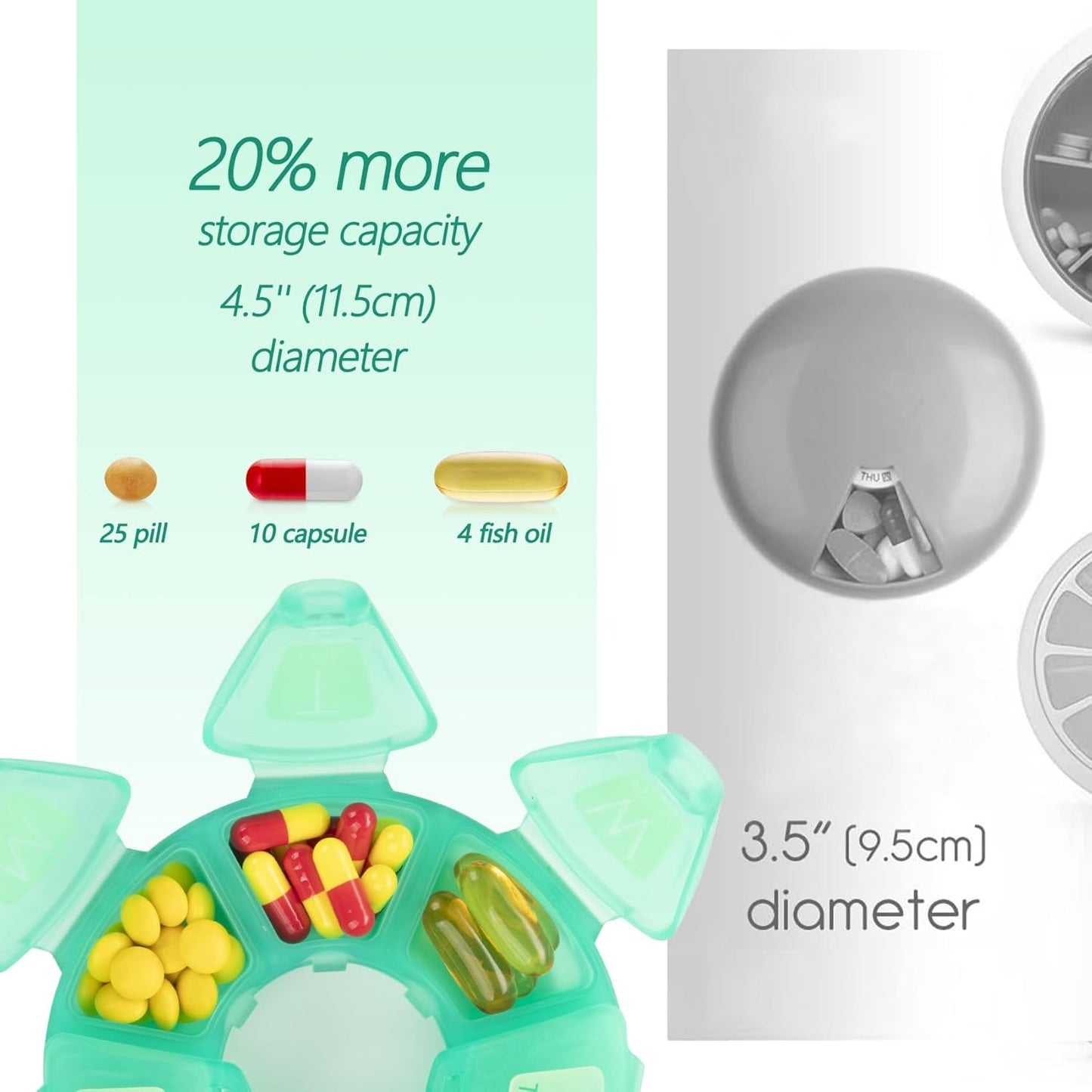 Round Weekly Pill Organizer, TPU Rubberized, Travel Pill Container 7 Day, with 7 Large Compartments, Great for Daily Vitamins & Supplements, Cute Pill Case with Large Letters and Braille (Grey)