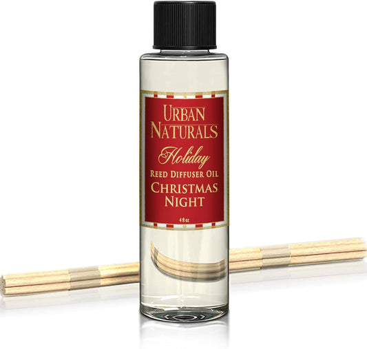 Urban Naturals Reed Diffuser Oil Refill Christmas Night, Cinnamon, Pine, Sweet Berries, Cozy Holiday Fragrance, 4 oz + Free Reed Sticks, Made in The USA
