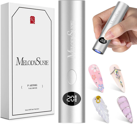 MelodySusie Handheld UV Light for Gel Nails, ART01G Cordless Gel X Nail Lamp, Rechargeable Flash Cure Nail Dryer with LCD Display, 2 Timers for Rhinestone Glue DIY at Home, Acetone Resistant, Silver