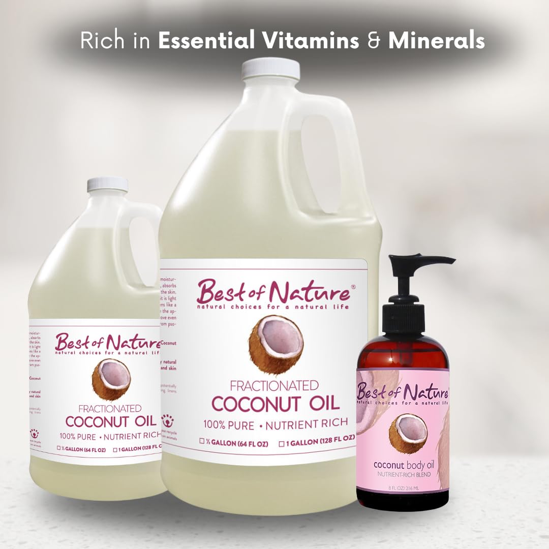 Best of Nature 100% Pure Fractionated Coconut Oil - Liquid MCT Massage & Body Oil, Unscented Moisturizer for Hair, Skin, Face, Aromatherapy Carrier for Essential Oils, Half Gallon (64 fl oz)