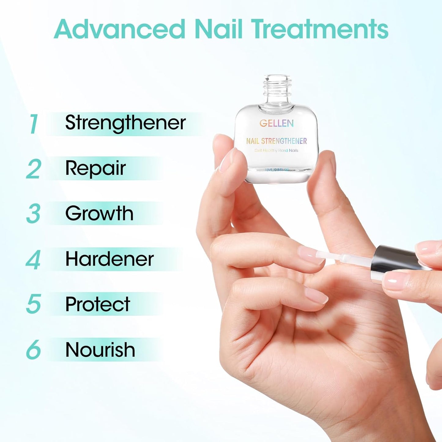 GELLEN Unscent Nail Strengthener, Pro Care 8-In-1 Air Dry Clear Nail Repair Growth Treatment for Weak Nails, Non-Polish, Strengthens & Protects Nails Growth Calcium Keratin Nourish 15ml
