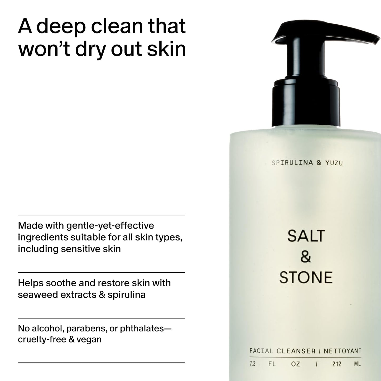 Salt & Stone Facial Cleanser for Women & Men, Spirulina & Yuzu Gentle Facial Wash with Hyaluronic Acid, Squalane, For All Skin Types, Vegan, Cruelty Free, 7.2 oz