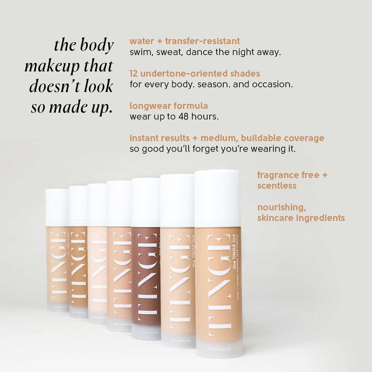 Tinge Tint Body Makeup, Lasts Up to 48 Hours, Medium Coverage Cream With Amino Acids, Hyaluronic Acid & Lysine, Semi Matte Finish, Water & Transfer Resistant, 3.38 Fl Oz - Tan Cool
