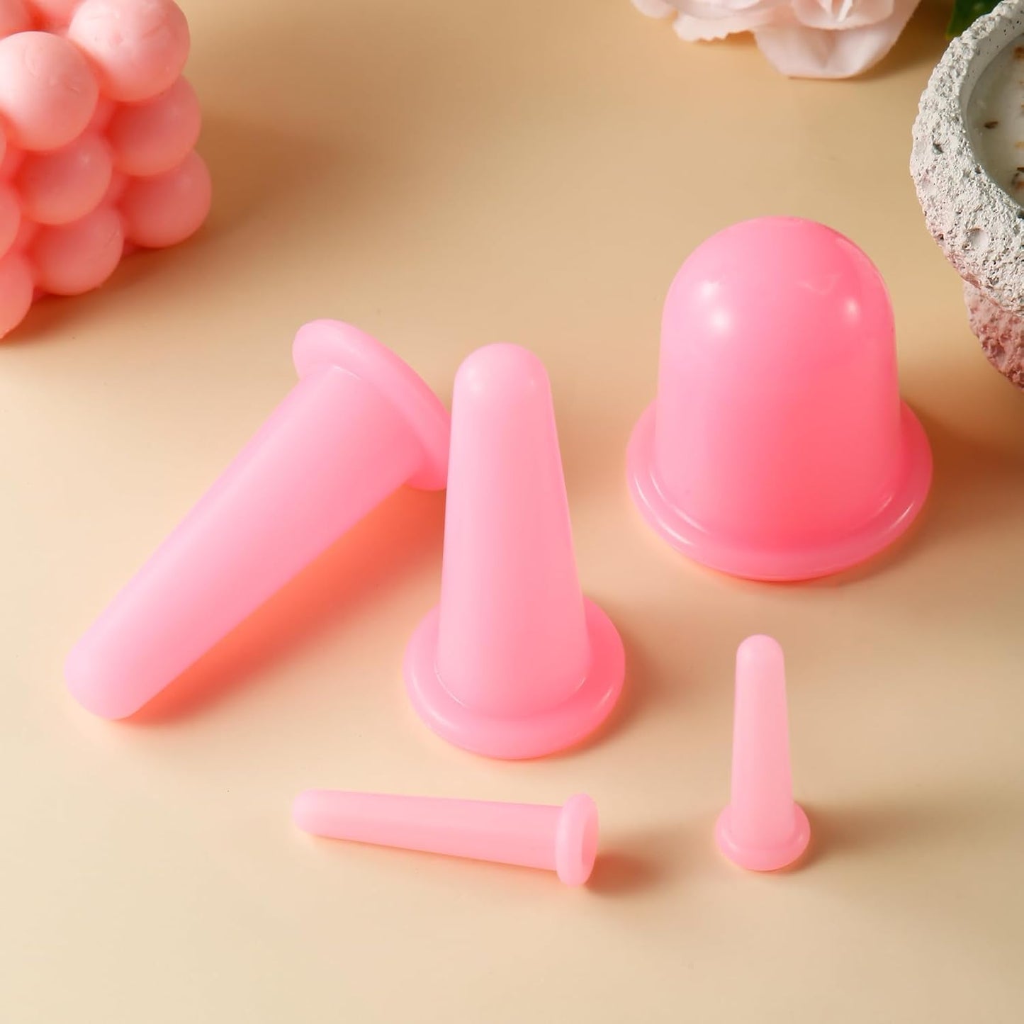 5 Pack Silicone Facial Cupping Set Vacuum Massage Cups Kit Pink Face Massager Helper Cup for Face Neck Back Eyes Skin Care