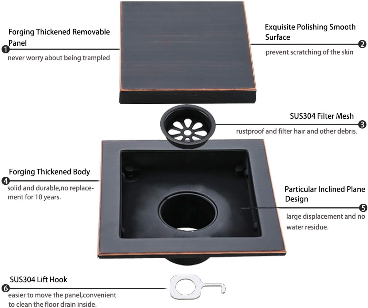 RANDOM Oil Rubbed Bronze Shower Drain Square with Removable Tile Insert Shower Drain Cover and Hair Strainer SUS 304 Stainless Steel 6 inch Shower Floor Drain