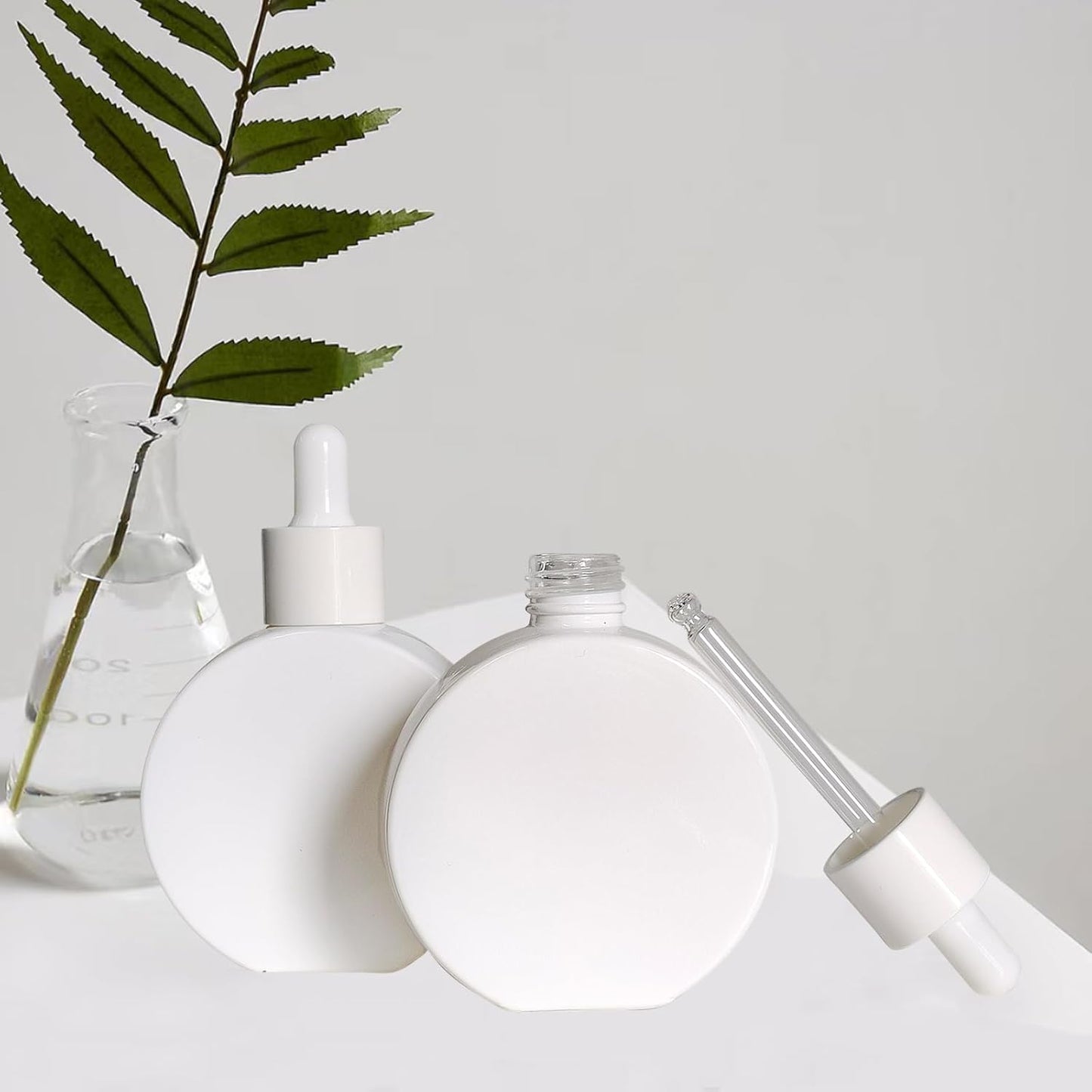 6Pcs 2 oz White Glass Dropper Bottles for Essential Oils,60ml flat round perfume bottle with Eye Droppers,for Essential Oils,Perfumes, Serums - Leakproof for Travel (White)