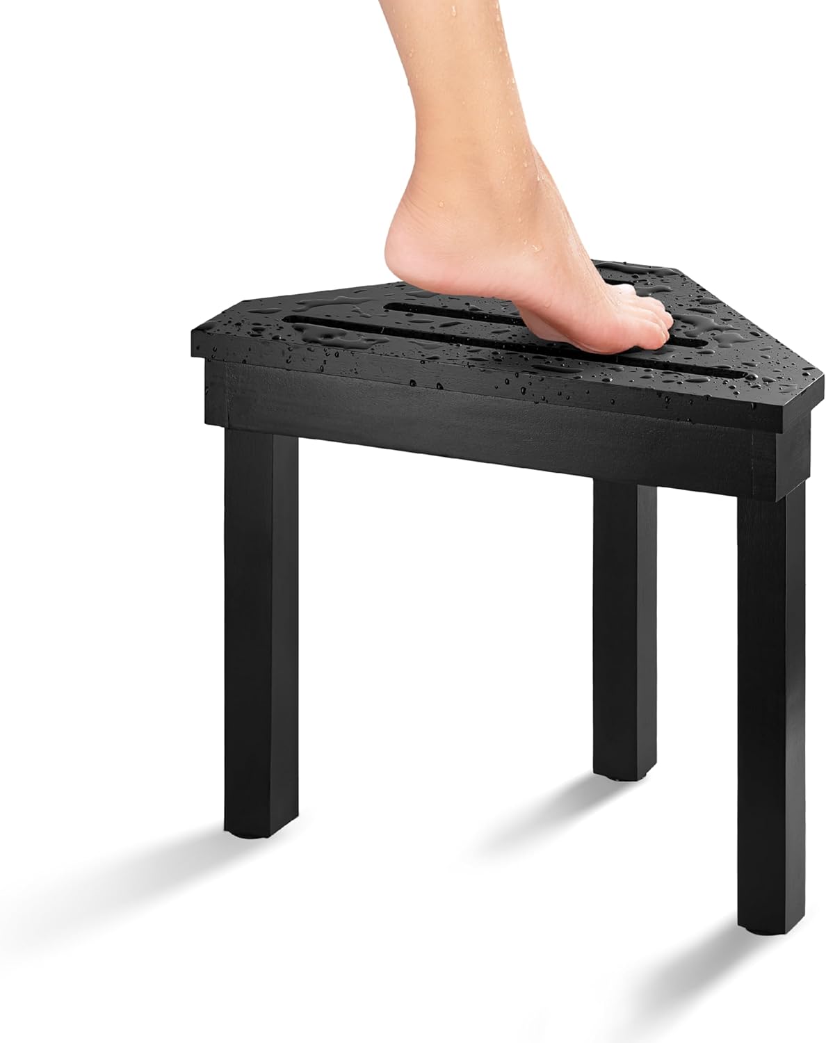BLUEWEST Shower Foot Stool for Shaving Legs, Acacia Wood Shower Foot Rest (Black, Corner Seat)