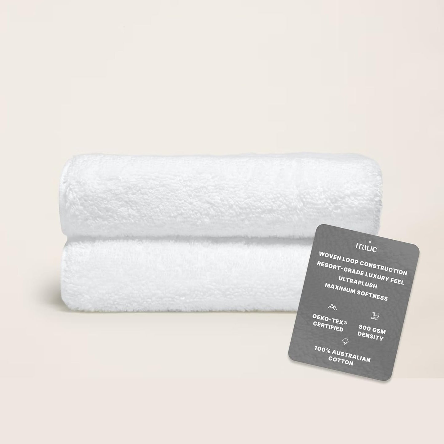 Italic Ultraplush 100% Australian Cotton Hand Towels - Set of 2 Luxury Hand Towels, Ultra Soft and Highly Absorbent 800GSM Towels for Bathroom,Shower, Hotel, and Spa (White)
