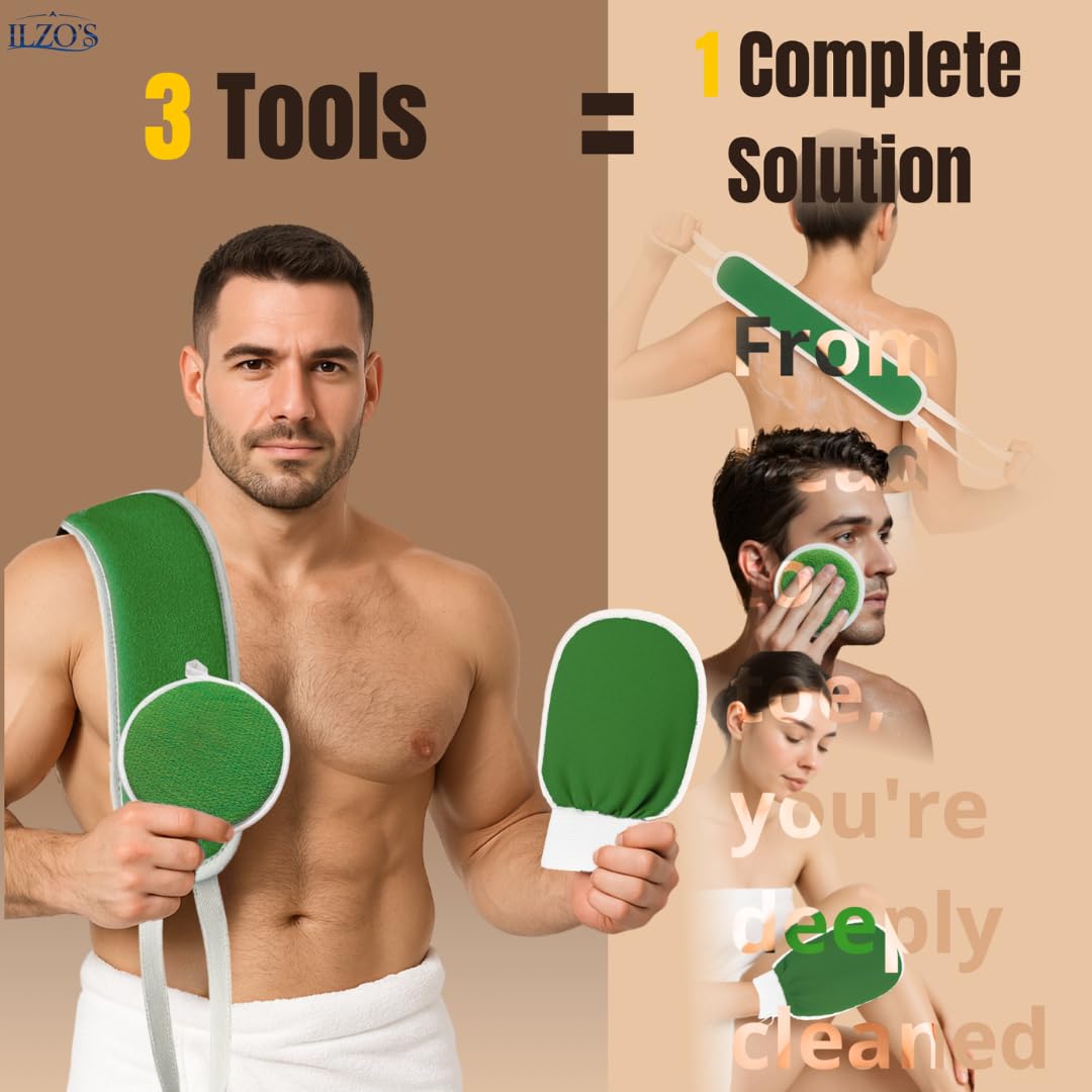 Original Moroccan Kessa Exfoliating Glove Set (ILZO’S) – 3-Piece Hammam Mitts for Face, Body & Back – Deep Skin Cleansing & Dead Skin Removal – Reusable Natural Exfoliator – Assorted Colors (GREEN)