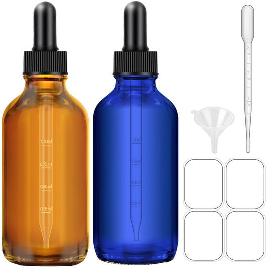 Bumobum 2 Pack Amber and Blue Dropper Bottles, 4oz Glass Bottle with Dropper for Essential Oils with Funnel, Labels & Pipette, Tincture Bottles with Dropper(Unbreakable Plastic Eye Dropper)