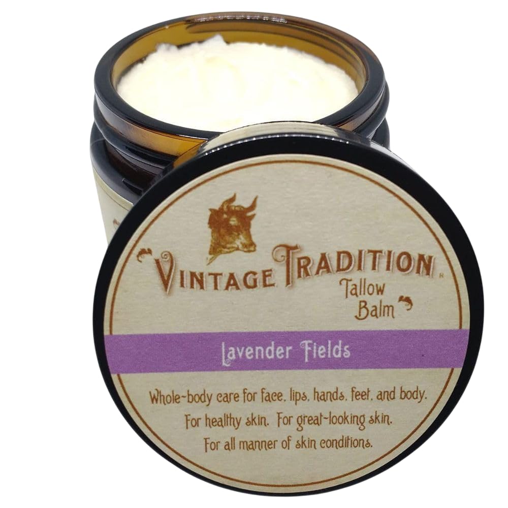 Vintage Tradition Beef Tallow All Purpose Balm - Healing, Hydrating Lavender Skin Care Salve Replaces Body Lotion, Hand Cream, More - Essential Oil, Olive Oil, and Grass-Fed Tallow, 2 fl. oz.