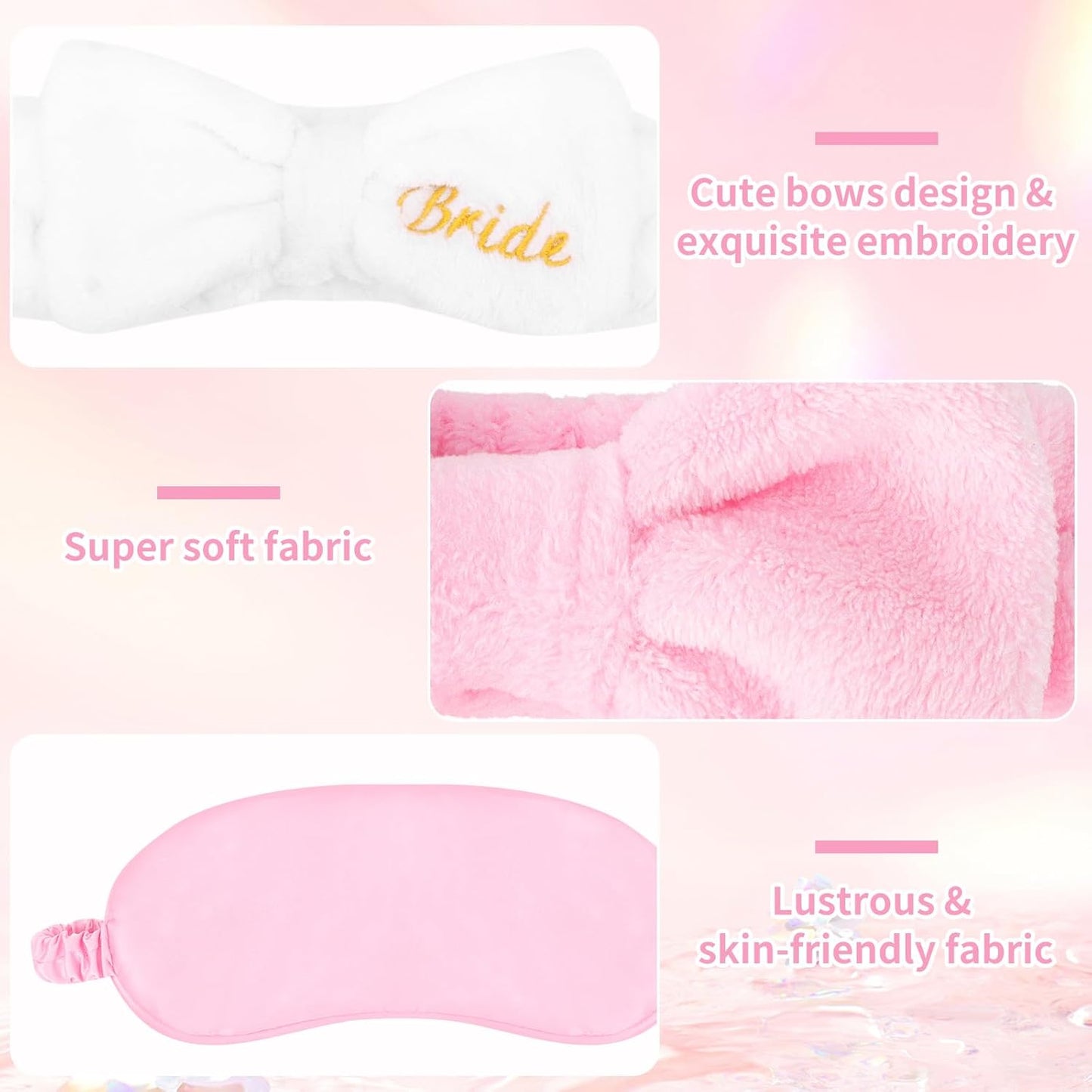 Wecoe 12pcs/set Bow Spa Headbands & Eye Masks - Bachelorette Party Favors, Bridal Shower & Bridesmaid Proposal Gifts(White, Pink)