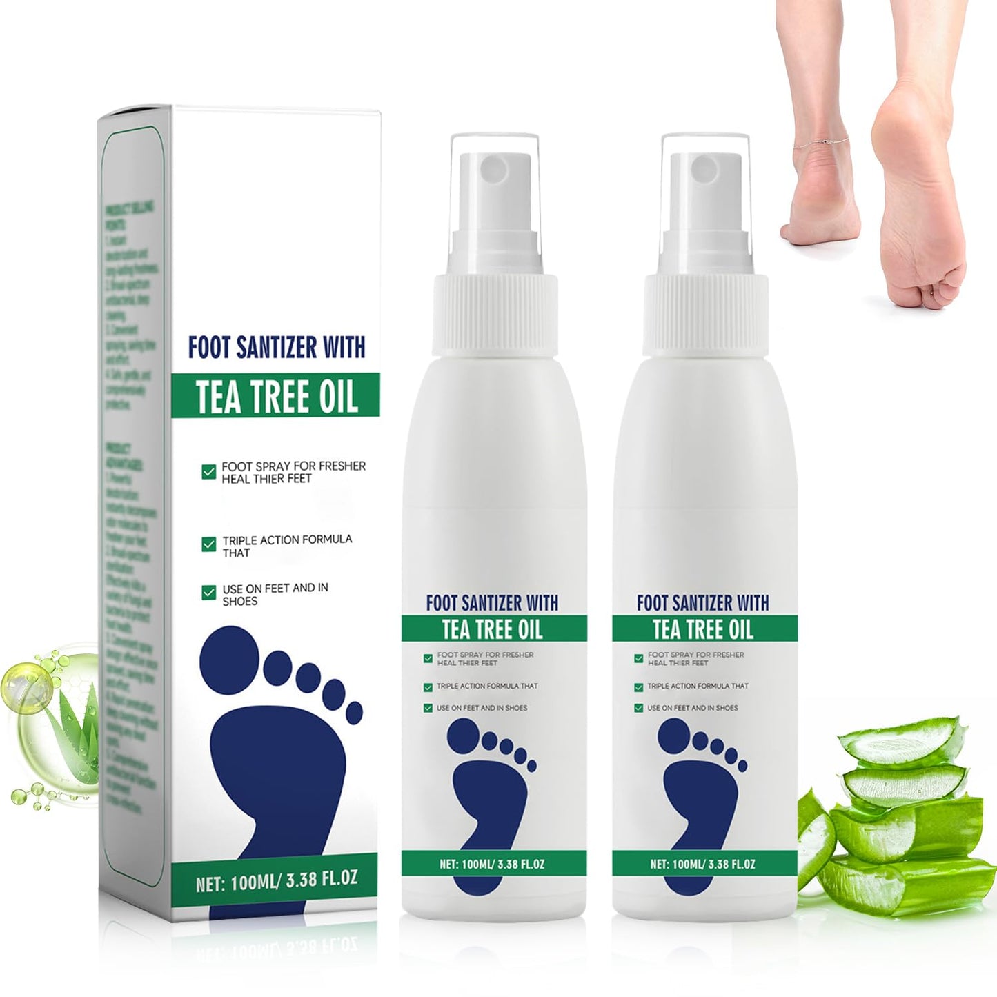 2pcs Foot Spray with Tea Tree Oil, Tea Tree Oil Feet Spray, Foot & Shoe Freshness, Clear Foot Sanitizer Spray, Quick-Drying and Travel-Friendly, 100ml/3.38fl.oz