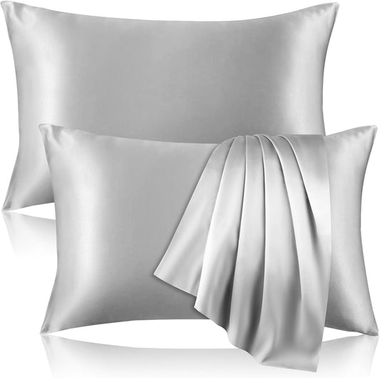 2 Pack 100% Pure Silk Pillowcase for Hair and Skin, Both Sides Mulberry Silk Pillowcases with Hidden Zipper, Cooling Pillowcase 19 Momme, 600 Thread Silk Pillow Cases Standard Size, Gray