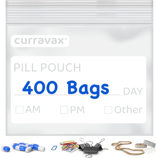 Pill Pouch Bags for Travel Pack of 400 - BPA Free 3 x 2.75 inch Pill Pouch - Pill Pouches for Medicine with Write on Label –Clear Ziplock Pill Baggies for Travel Medicine Organizer