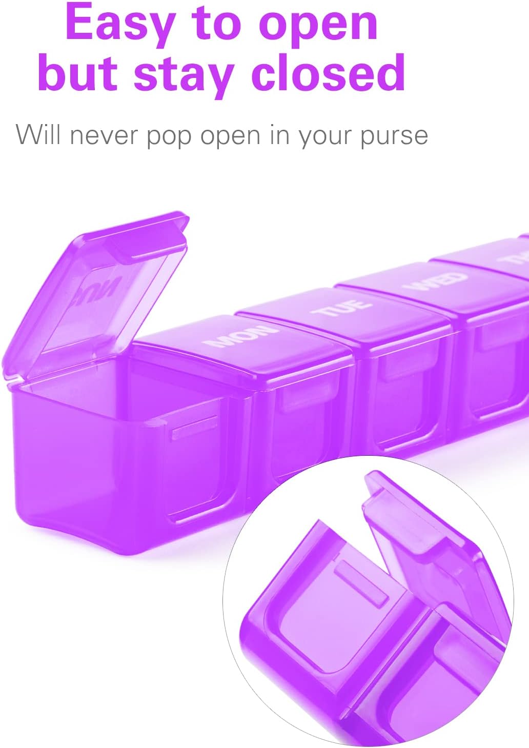 BUG HULL Weekly Pill Organizer Large 2 Packs, Extra Large Travel Pill Organizers, Pill Box 7 Day, Travel Pill Case, Medicine Pill Organizer for Vitamins, Supplements and Medication (White+Purple)