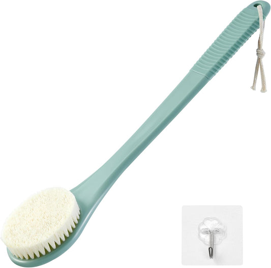 Back Scrubber for Shower, Shower Body Brush for Cleaning with Long Handle for Showering, 17 Inch Back Washer Exfoliator for Shower Men Women with Non-Slip Handle, Adhesive Hook (Pea Green)