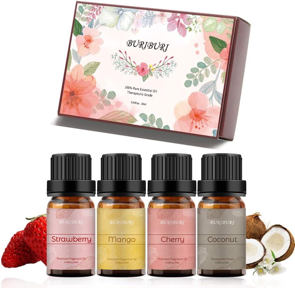 BURIBURI Fruit Essential Oils Gift Set 4Pack - Premium Fruity Fragrance - Strawberry, Cherry, Mango, Coconut for Diffusers, Home, Candle & Soap Making