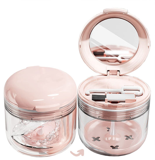 MURRI&MURRDI Retainer Mouth Guard Soak Container Box, Denture Bath Case with Strainer Basket, Braces Cleaner Cup, Travel Storage Holder for Dentures, Retainers & Aligners (Pink)