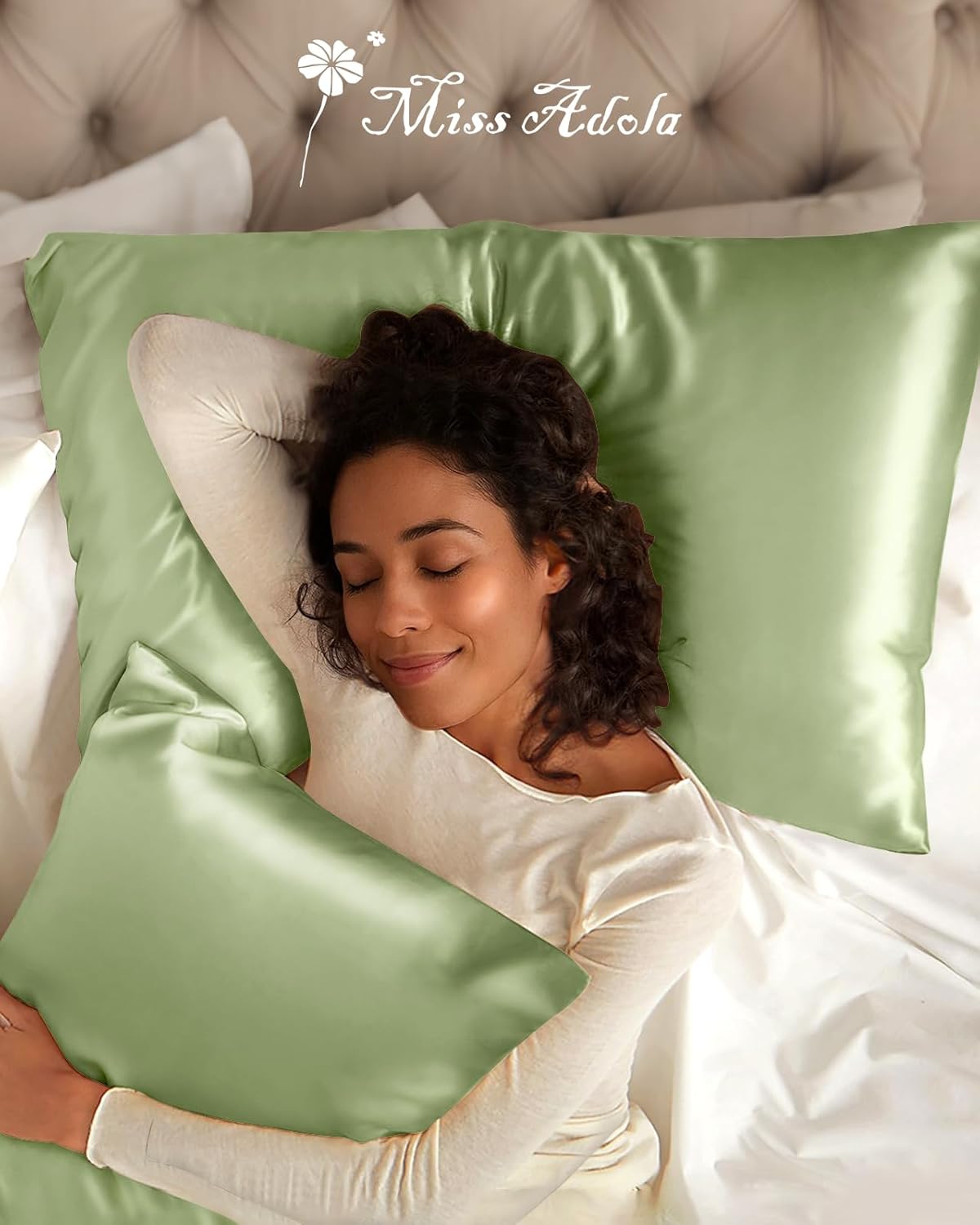 Silk Pillowcase 2 Pack - Pillow Cases Queen Set of 2 Size 20" x 30" for Hair and Skin Smooth Soft Breathable with Hidden Zipper Cooling Pillow Covers for Women, Light Green