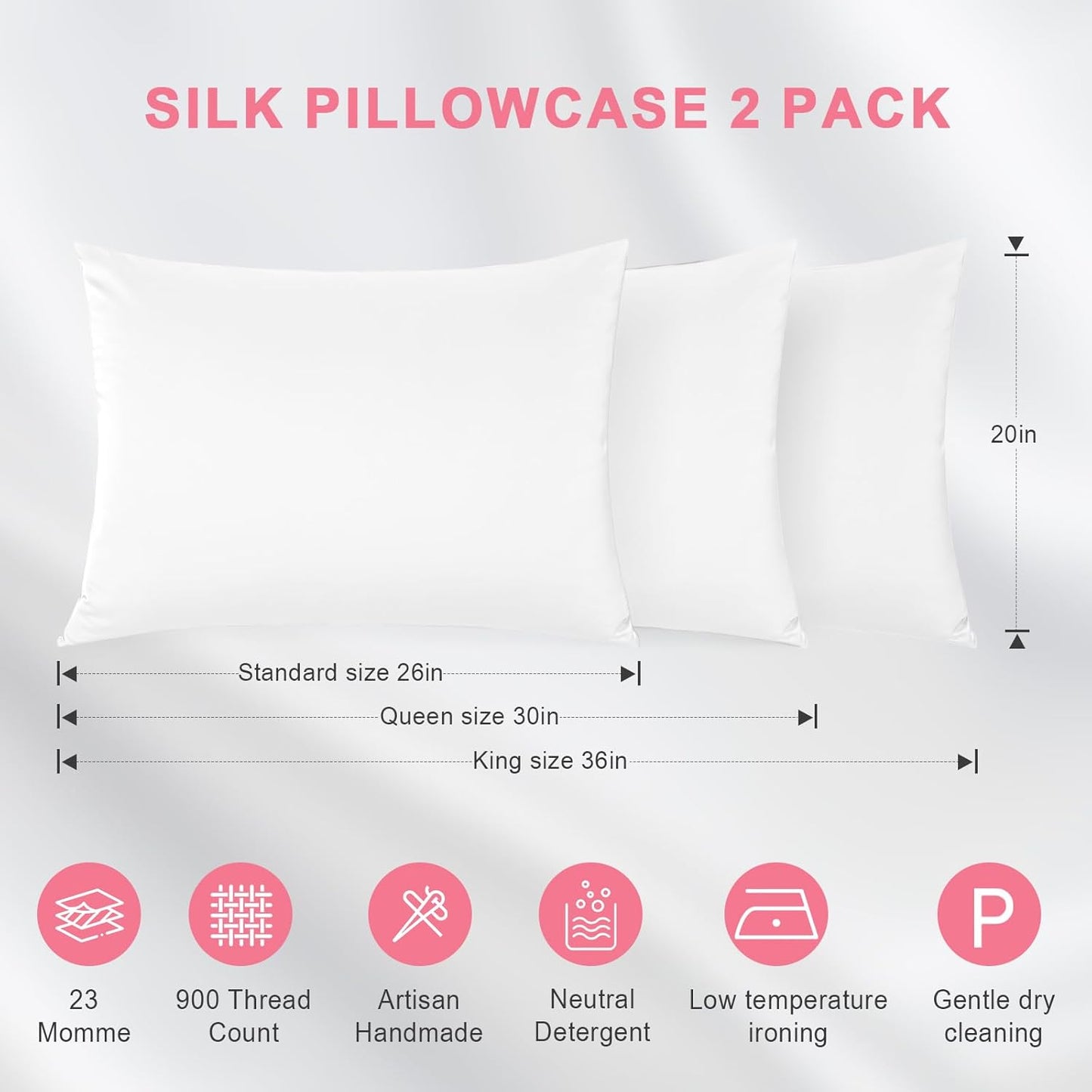 100% Silk Pillowcase 2 Pack for Hair and Skin, Both Sides 23 Momme Grade 6A+ Mulberry Silk Pillowcases with Hidden Zipper, Soft&Smooth Cooling Pillow Cases (White, King 20×36)