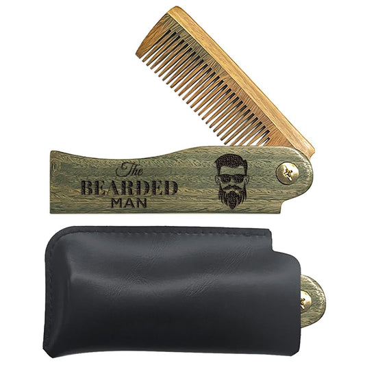 CHGCRAFT The Beard Man Folding Wooden Comb Foldable Beard Combs Carved Wooden Comb Fine Tooth Hair Combs with Imitation Leather Carrying Pouch for Men Grooming Mustaches Head Hair Husband Gift
