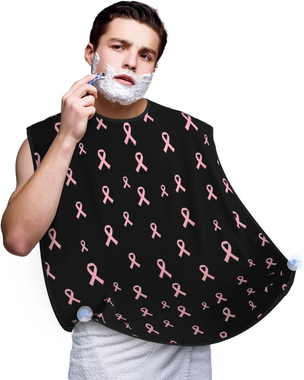 Non-Stick Beard Bib for Shaving, Breast Cancer Ribbon Black Shave Bib, Waterproof Hair Catcher with Suction Cups, Grooming Apron Men Husband