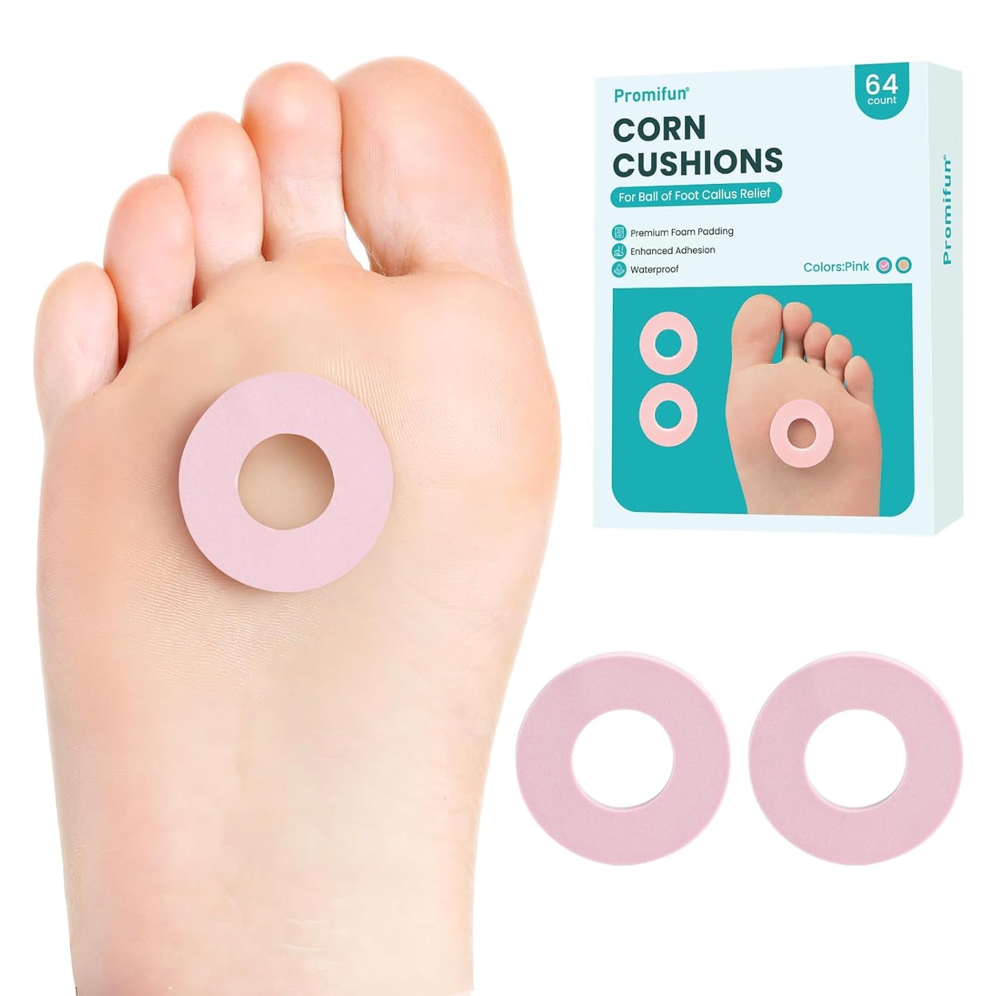 Callus Cushions for Bottom of Foot - Round Foam Padding with Water-Resistant Self-Stick Adhesive - Corn Cushions for Toes and Feet, Reduce Pain, Pressure and Friction from Shoes (Pink, 64 Count)